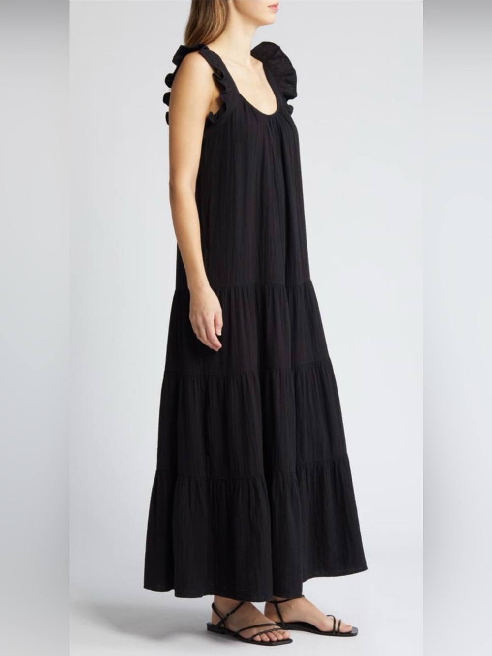 Nordstrom Caslon Black Ruffled Strap Tiered Maxi Dress